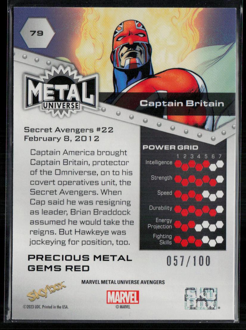 2024 SkyBox Metal Universe Marvel Avengers #79 Captain Britain PMG Red 57/100
