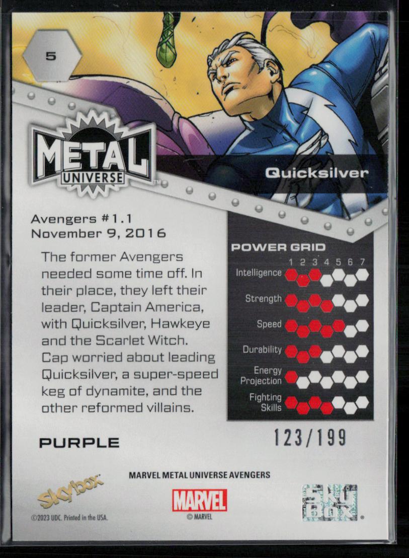 2024 SkyBox Metal Universe Marvel Avengers #5 Quicksilver Purple FX 123/199