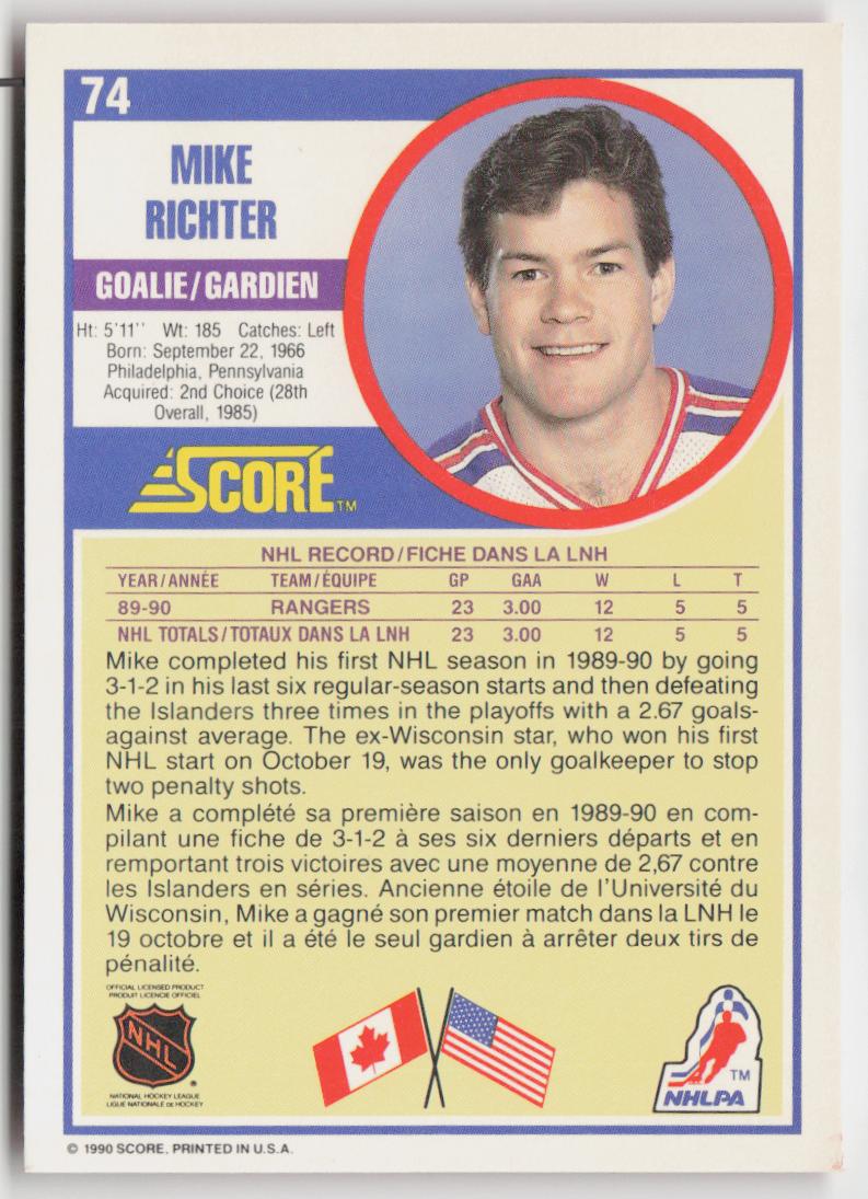 1990-91 Score Canadian #74 Mike Richter