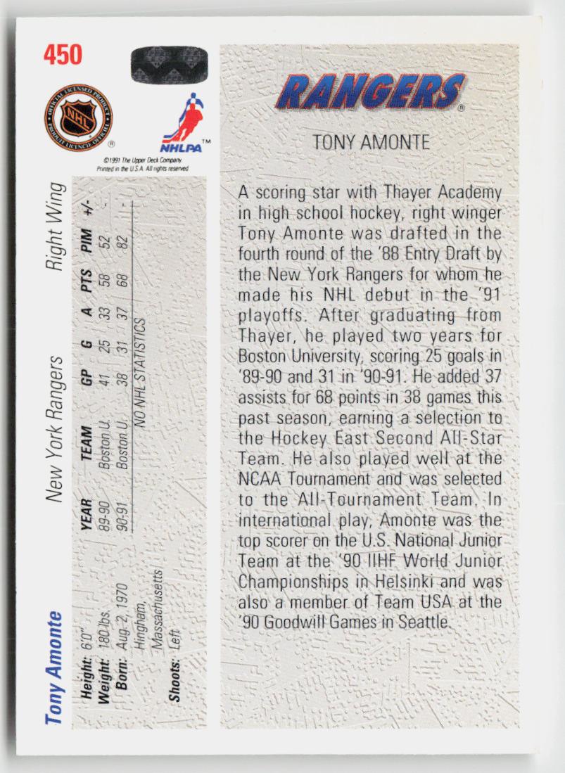 1991-92 upper deck #450 Tony Amonte