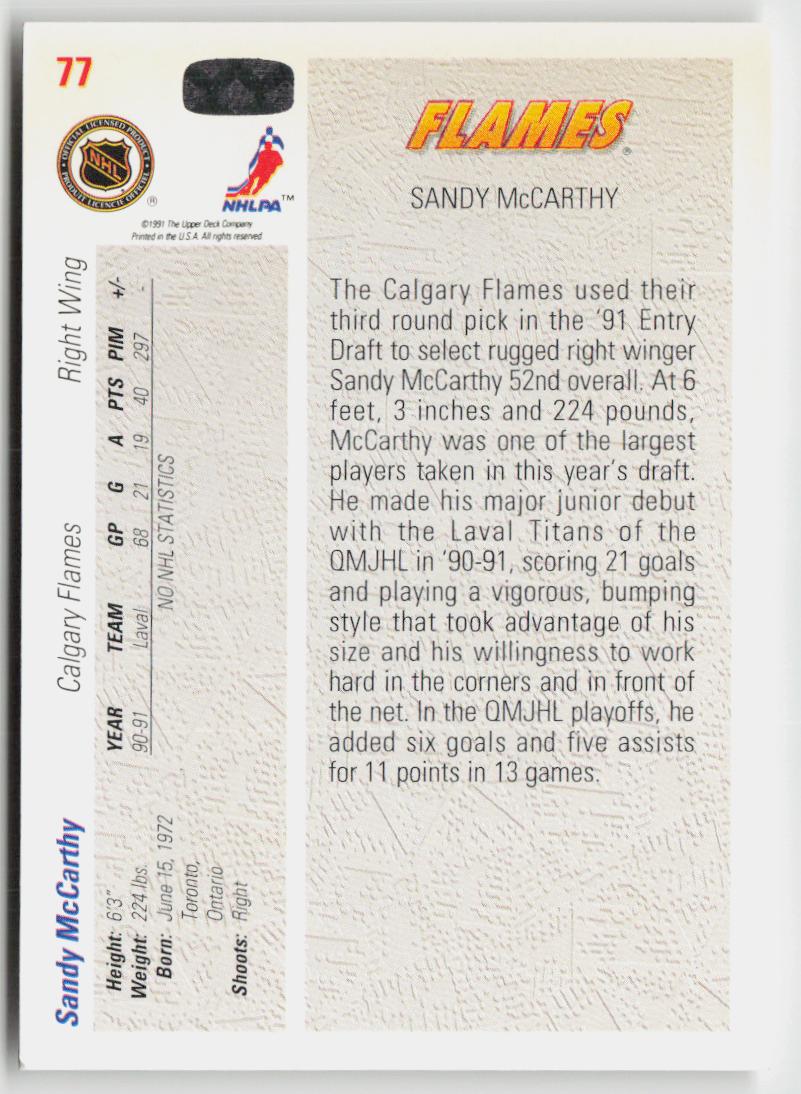 1991-92 upper deck #77 Sandy McCarthy