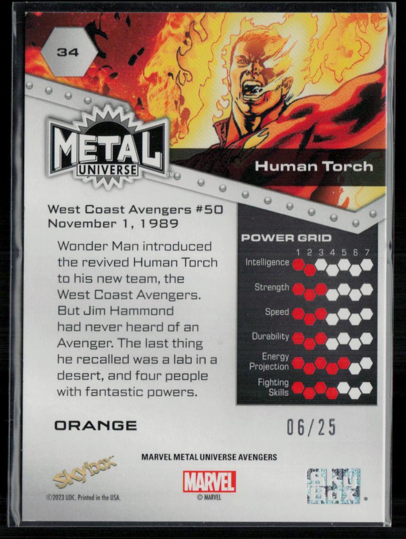 2024 SkyBox Metal Universe Marvel Avengers #34 Human Torch Orange FX