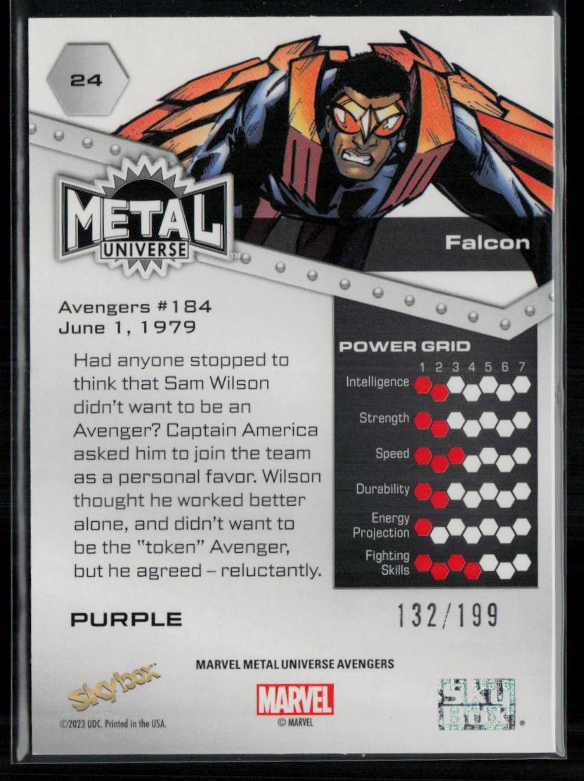 2024 SkyBox Metal Universe Marvel Avengers #24 Falcon Purple FX 132/199