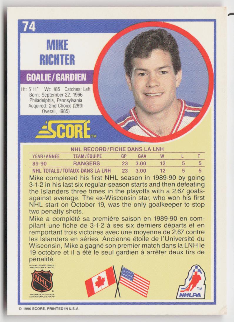 1990-91 Score Canadian #74 Mike Richter