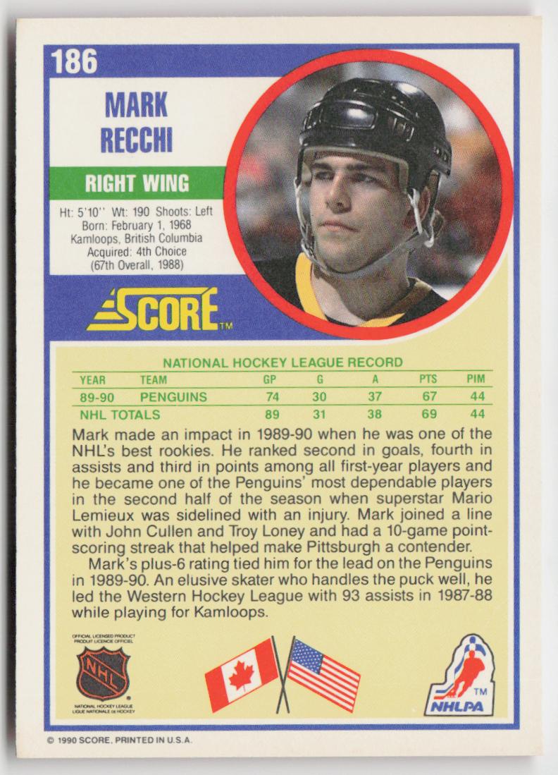 1990-91 Score American #186 Mark Recchi