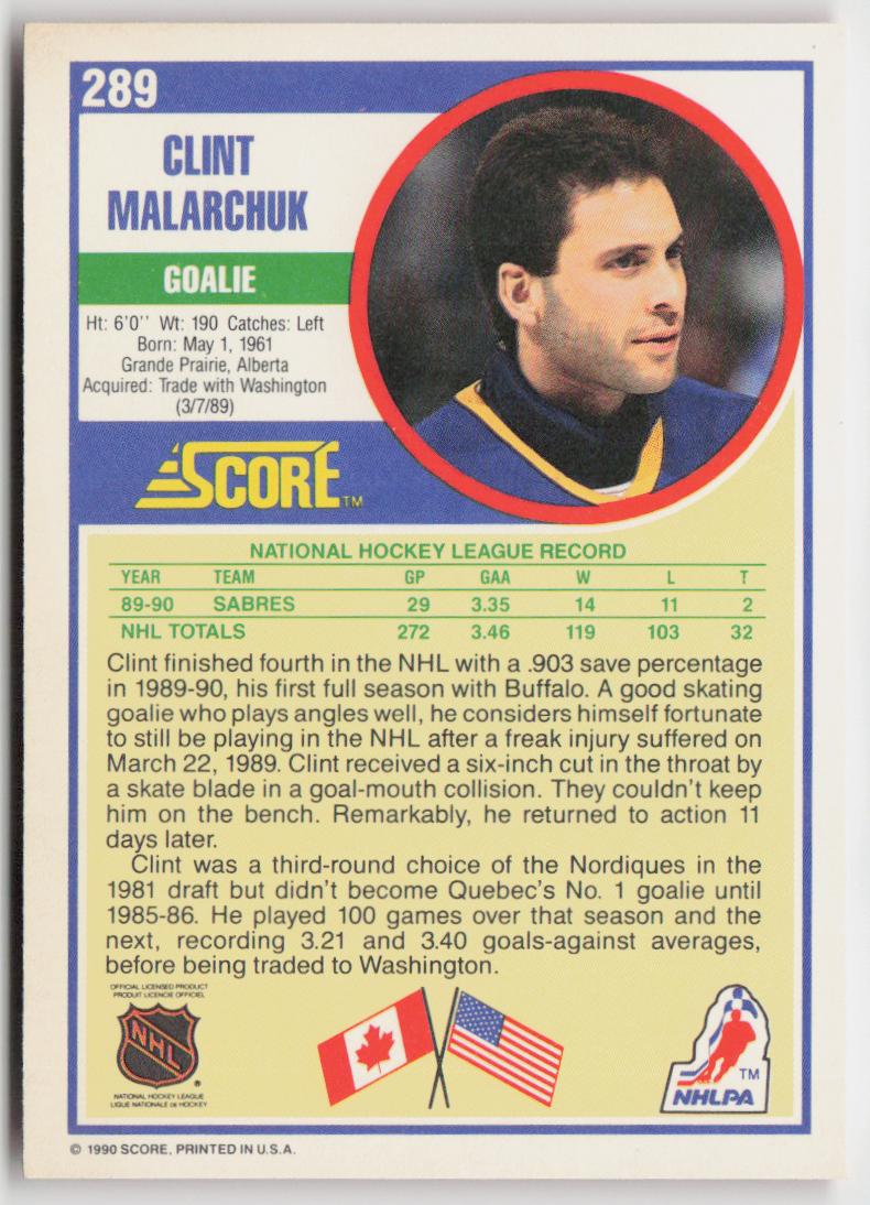 1990-91 Score American #289 Clint Malarchuk