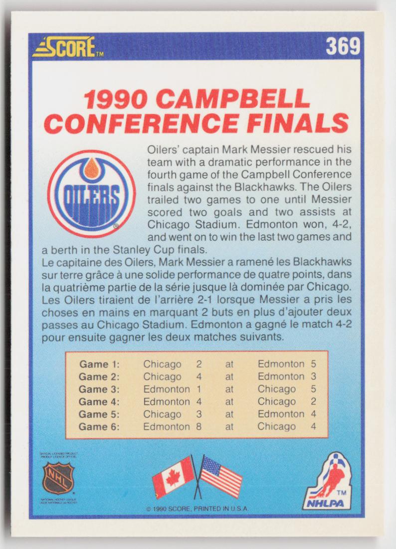 1990-91 Score Canadian #369 Edmonton Oilers 1990 Conference Champions