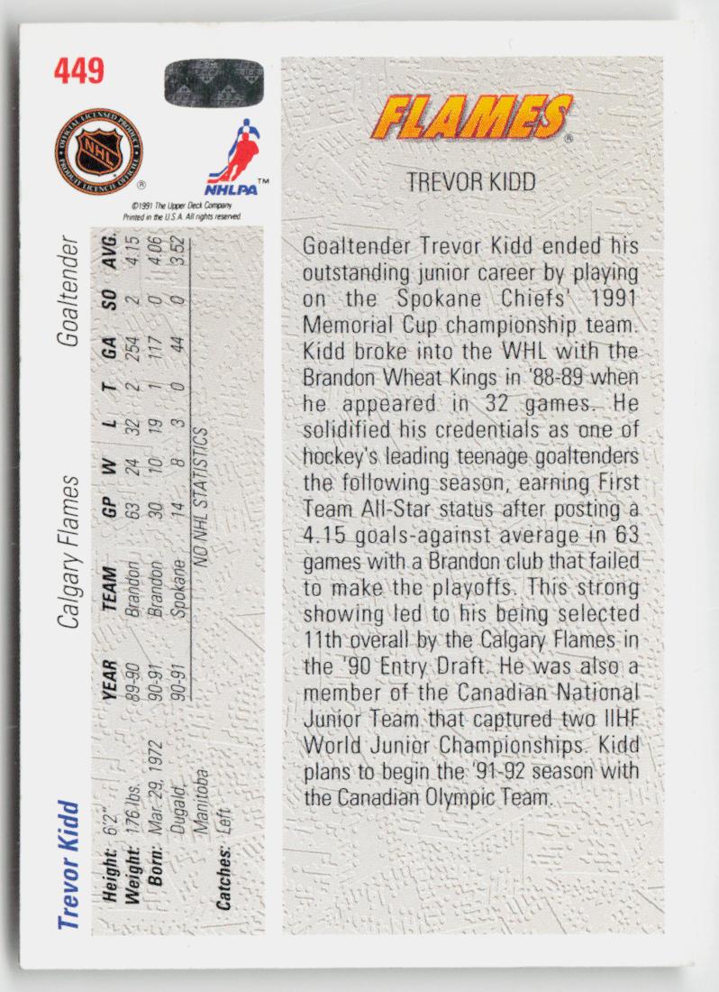 1991-92 upper deck #449b Trevor Kidd