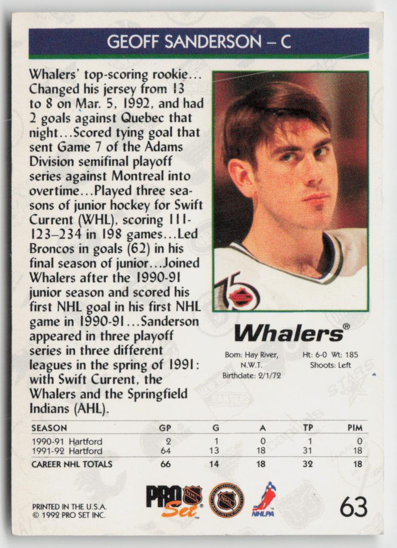 1992-93 Pro Set #63 Geoff Sanderson